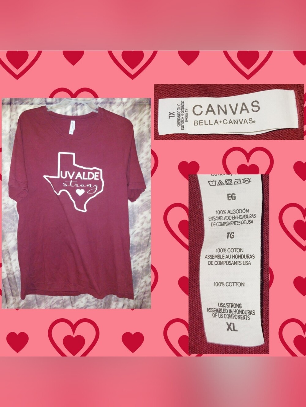 Bella+Canvas brand Maroon & White Uvalde Strong Print Unisex Knit T-Shirt Sz XL